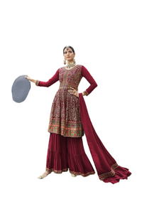 Maroon color Chinnon Fabric Embroidered Sharara style Party wear Suit