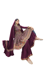 Wine color Chinnon Fabric Embroidered Sharara style Party wear Suit