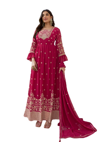 Red color Faux Georgette Fabric Embroidered Full Sleeves Floor Length Anarkali style Suit