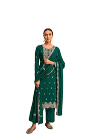 Green color Embroidery work Silk Fabric Suit