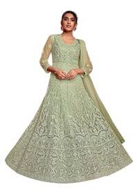 Green color Net Fabric Anarkali style Floor Length Party wear Suit