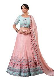 Peach and Blue color Georgette Fabric Lehenga Choli