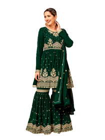 Green color Faux Georgette Fabric Embroidered Sharara style Party Wear Suit