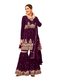 Purple color Faux Georgette Fabric Embroidered Sharara style Party Wear Suit