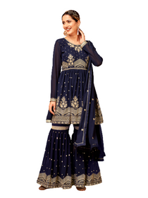 Blue color Faux Georgette Fabric Embroidered Sharara style Party Wear Suit