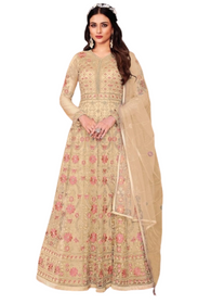 Beige color Net and Satin Fabric Floor Length Embroidered Anarkali style Suit