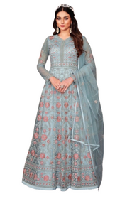Blue color Net and Satin Fabric Floor Length Embroidered Anarkali style Suit