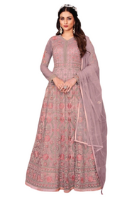 Light Mauve color Net and Satin Fabric Floor Length Embroidered Anarkali style Suit