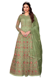 Green color Net and Satin Fabric Floor Length Embroidered Anarkali style Suit