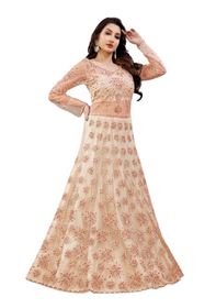 Cream color Net and Silk Fabric Floor Length Full Sleeves Indowestern style Party Wear Suit