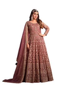 Light Onion shade Net Fabric Full Sleeves Floor Length Party wear Anarkali style Suit