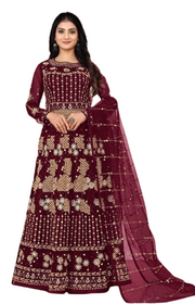 Maroon color Net Fabric Floor Length Full Sleeves Anarkali style Party wear Suit