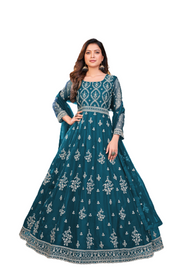 Blue color Net Fabric Full Sleeves Floor Length Embroidered Anarkali style Party Wear Suit