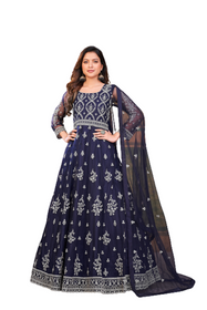 Navy Blue color Net Fabric Full Sleeves Floor Length Embroidered Anarkali style Party Wear Suit