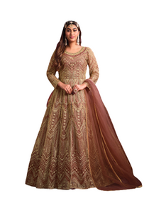 Rust color Net Fabric Full Sleeves Floor Length Centre Cut Indowestern style Suit