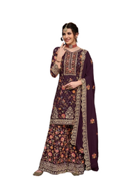 Wine color Chinnon Fabric Embroidered Sharara style Party wear Suit