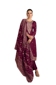 Maroon color Embroidery work Silk Fabric Party wear Suit