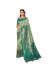 Blue and Green color Banarasi Silk Fabric Saree