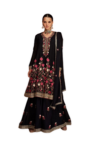 Black color Chinnon Silk Fabric Embroidered Party wear Suit