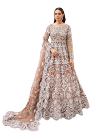 Light Brown shade Full Sleeves Floor Length Heavily Embroidered Net Fabric Party Wear Gown