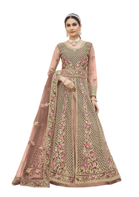 Onion color Net Fabric Floor Length Full Sleeves Centre Cut Embroidered Indowestern style Suit