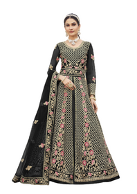 Black color Net Fabric Floor Length Full Sleeves Centre Cut Embroidered Indowestern style Suit