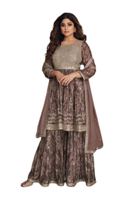 Dark Mauve color Chinnon Silk Fabric Printed Indowestern style Suit