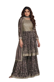 Purple color Chinnon Silk Fabric Printed Indowestern style Suit