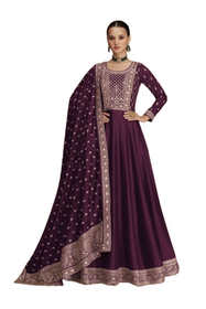 Wine color Full Sleeves Floor Length Silk Fabric Embroidered Gown