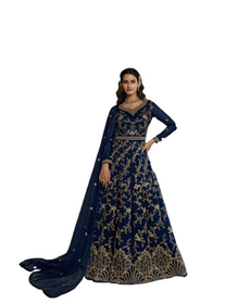 Blue color Full Sleeves Floor Length Net Fabric Anarkali style Suit