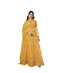 Yellow color Full Sleeves Floor Length Net Fabric Anarkali style Suit