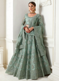 Beautiful Teal Blue Pearl Embroidered Wedding Lehenga Choli