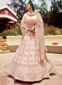 Beautiful Pastel Pink Golden Zari Embroidered Wedding Lehenga Choli