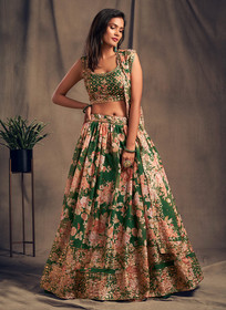 Beautiful Green Golden Floral Printed Lehenga Choli