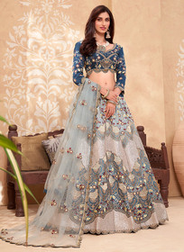 Beautiful Blue And Peach Multi Embroidered Designer Weddinng Lehenga Choli