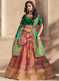 Beautiful Green And Pink Embroidery Wedding Lehenga Choli With Belt