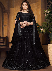 Beautiful Black Mirror Work Net Lehenga Choli