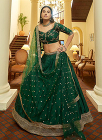 Beautiful Deep Green Sequence Embroidered Indian Wedding Lehenga