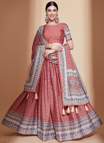 Beautiful Burnt Red Crochet Embellished Digital Printed Lehenga Choli