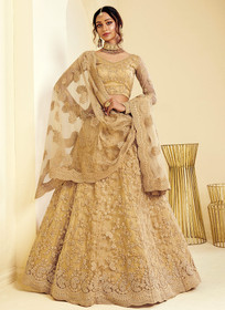 Beautiful Beige Golden Pearl Embroidered Wedding Lehenga Choli