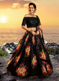 Beautiful Black Multicoloured Floral Printed Lehenga Choli