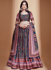 Beautiful Blue And Red Crochet Embellished Digital Printed Lehenga Choli