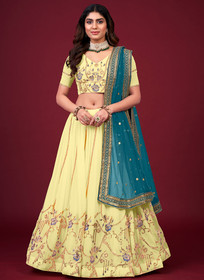 Beautiful Yellow And Blue Multi Embroidery Wedding Lehenga Choli