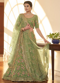 Beautiful Green Multi Zari Embroidery Wedding Silk Lehenga
