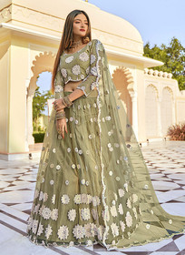 Beautiful Olive Green Badla Embroidered Festive Lehenga Choli