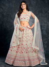 Beautiful Pearl White Multi Embroidery Silk Wedding Lehenga Choli