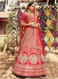 Beautiful Bridal Red Zari Zarkan Embroidered Wedding Lehenga Choli