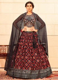 Beautiful Red And Black Handwork Embroidery Georgette Lehenga Choli