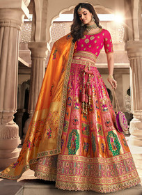 Beautiful Pink And Orange Embroidery Wedding Lehenga Choli With Belt