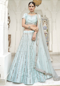 Beautiful Ice Blue Mirror Work Wedding Lehenga Choli